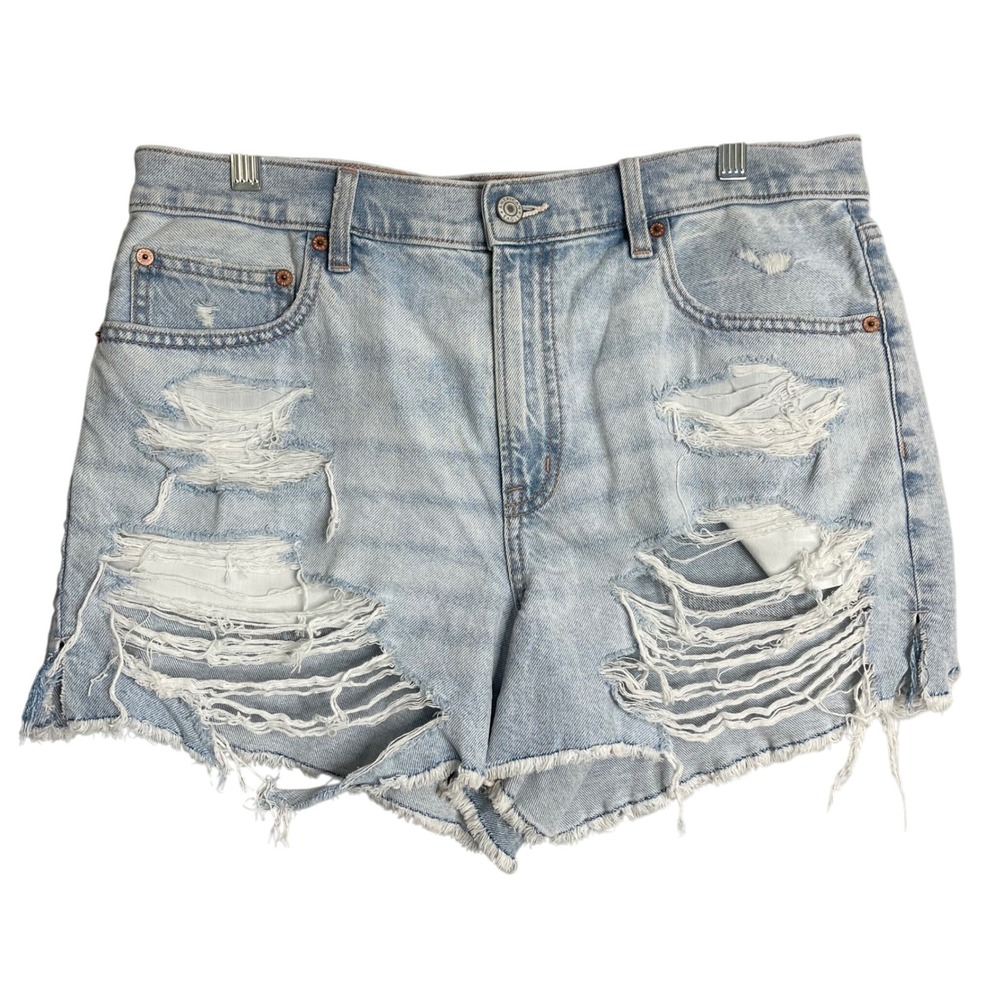 AE 90s Boyfriend Short Womens 12 Light Blue Distressed High Rise Boho Beach
